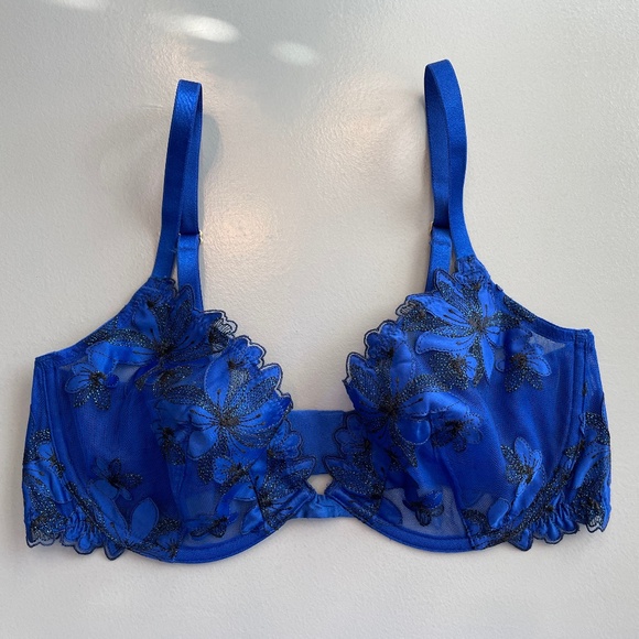 NWOT VERY SEXY Unlined Floral Embroidery Demi Bra in Blue Oar/cobalt & black 36D - Picture 6 of 14
